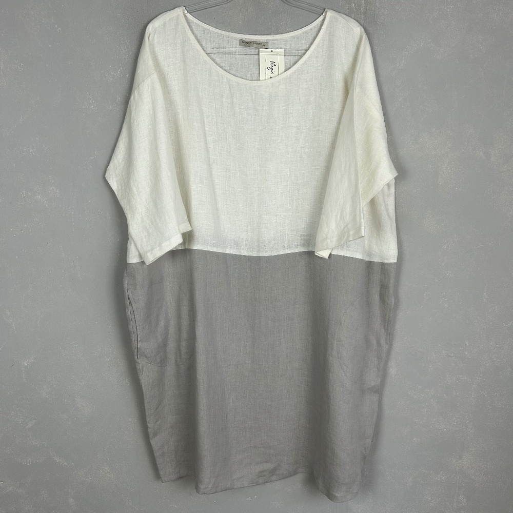 Magic Linen size XL Adria shift dress linen colorblock gray white knee length